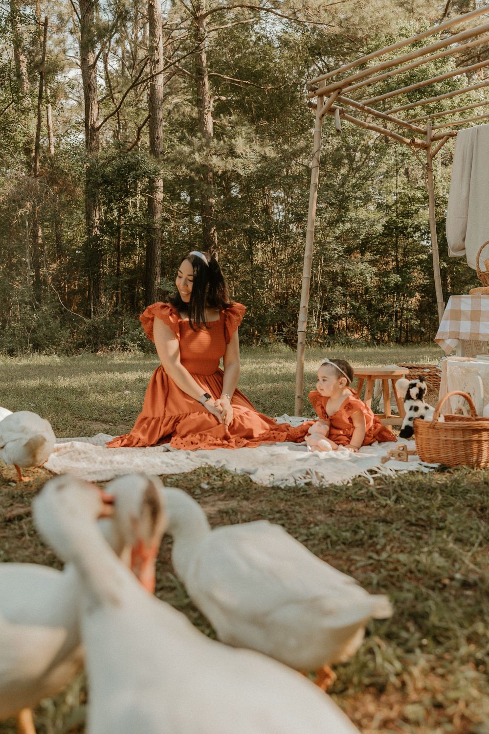 A rustic woodland picnic scene with matching orange dresses and white geese in the foreground during golden hour.