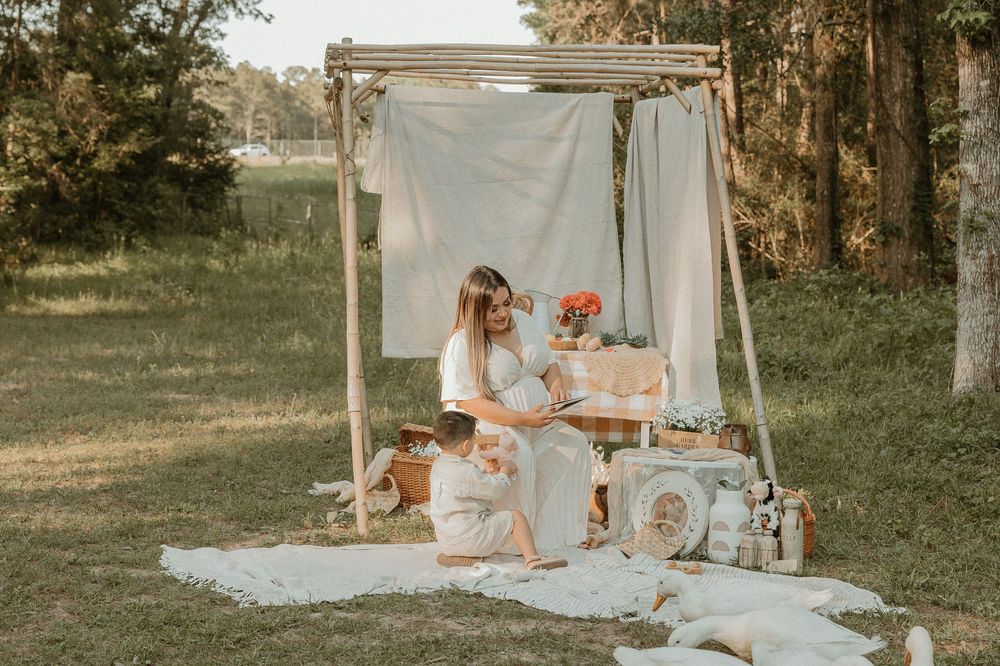 A rustic outdoor boho picnic setup with vintage decor, a canopy tent, white blanket, and corgi dog in a sunny field.