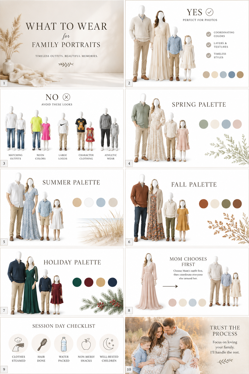 Family portrait outfit guide showing color palettes, styling tips, and session day checklist for timeless photo memories.