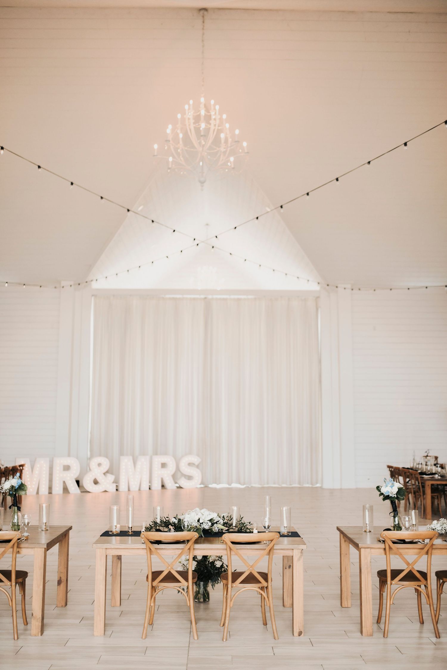 Dust blue wedding reception details at The Gardenia