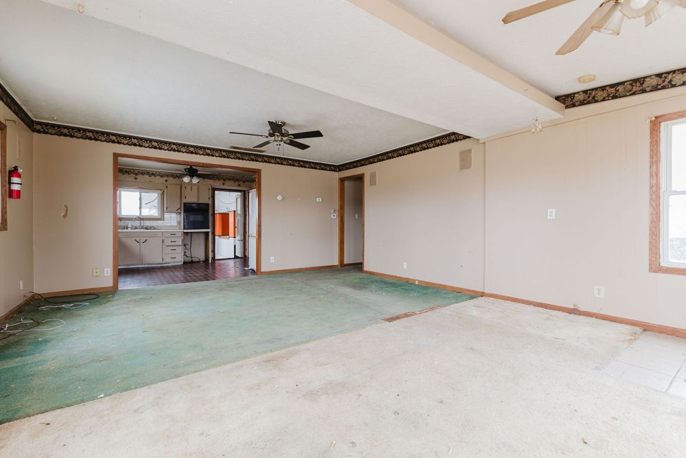 Open living area with green carpet, ceiling fan, and view into kitchen with black appliances.