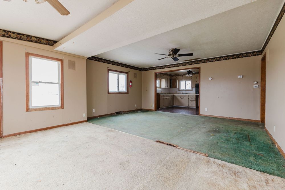 Large empty room with partial green carpet, ceiling fan, windows, and decorative border trim.
