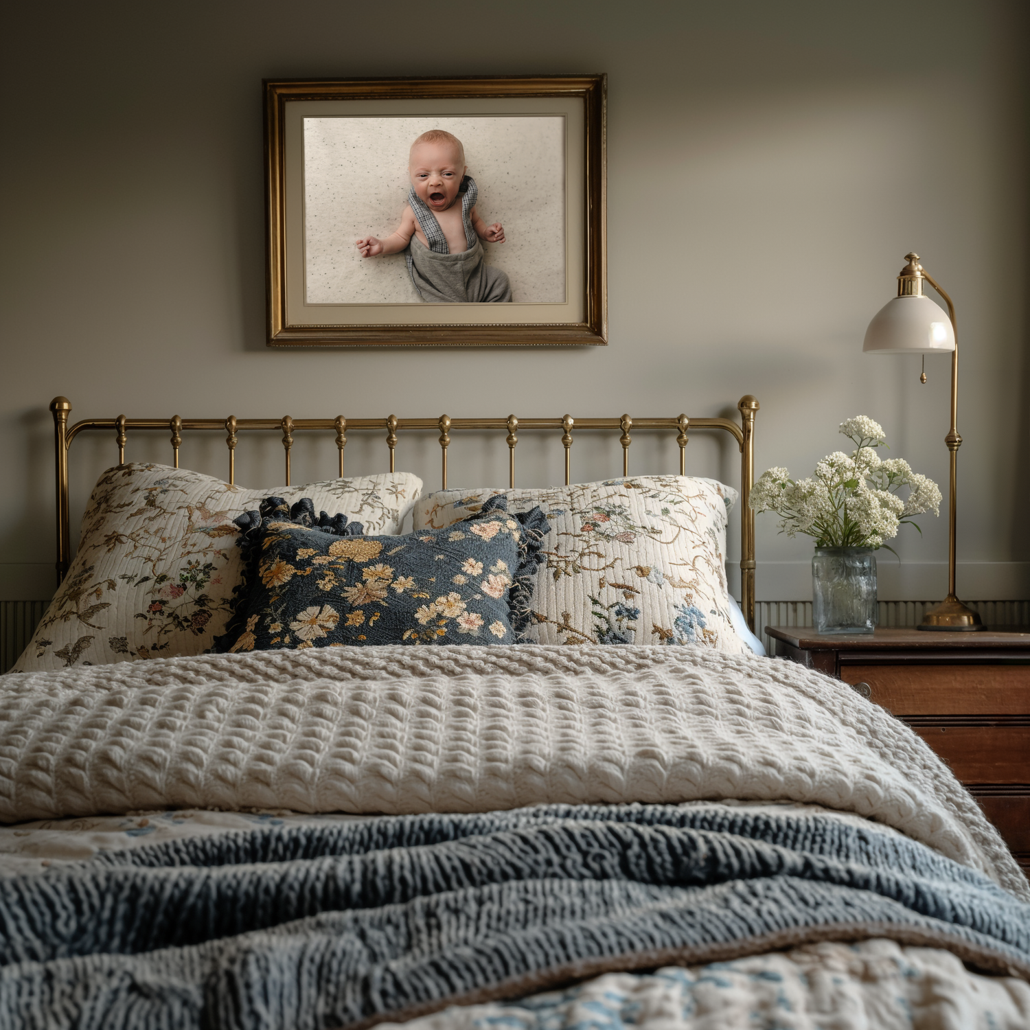 A newborn photo, captured by Charlottesville family photographer Somerset Portraits, hangs framed over a bed in a blue cottage bedroom.