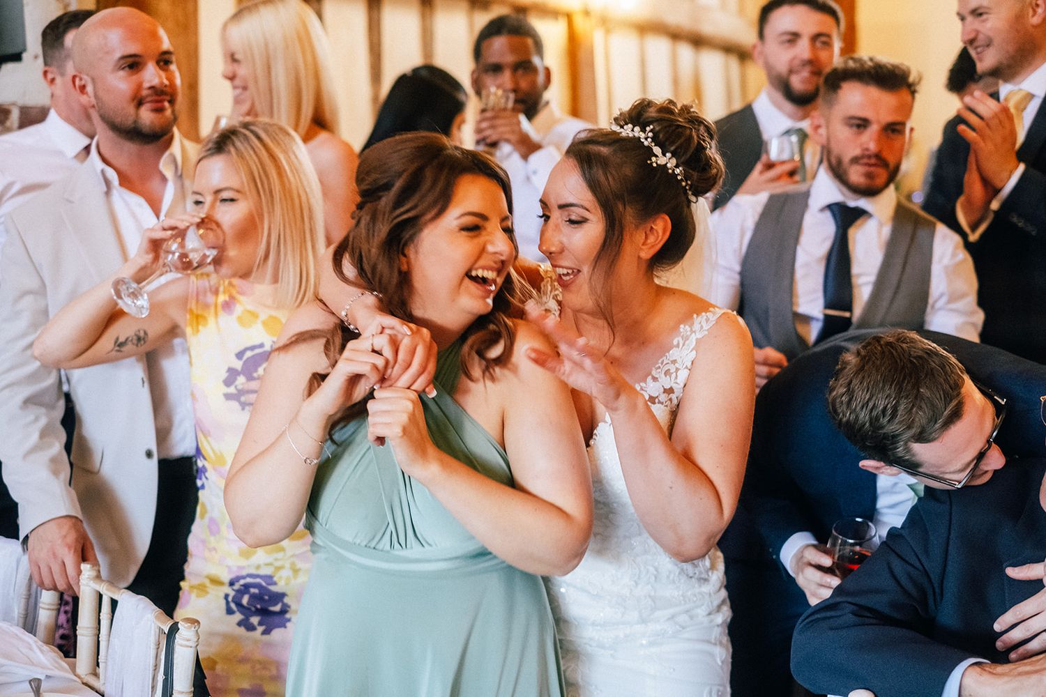 Wedding guests laugh and share joyful moments during reception celebrations in candid photo collage.