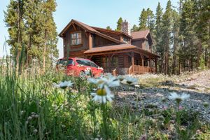 Log cabin homes nestled among tall pine trees in a mountain forest setting.