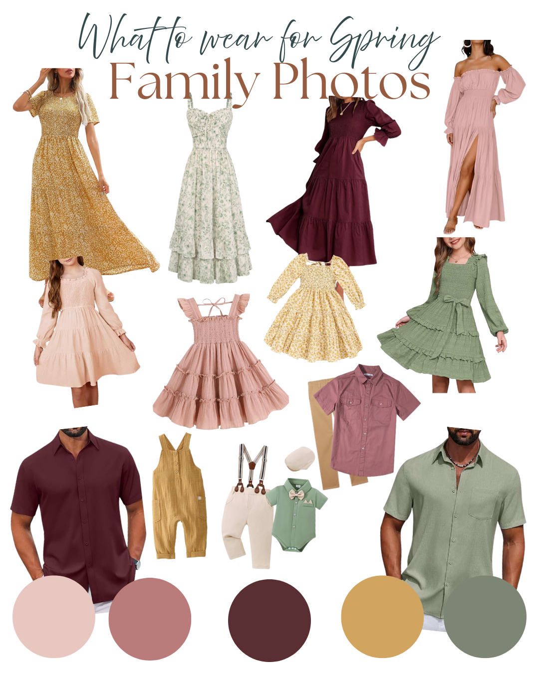Fashion mood board showing coordinated spring outfits in muted earth tones of burgundy, sage green, blush pink and gold.