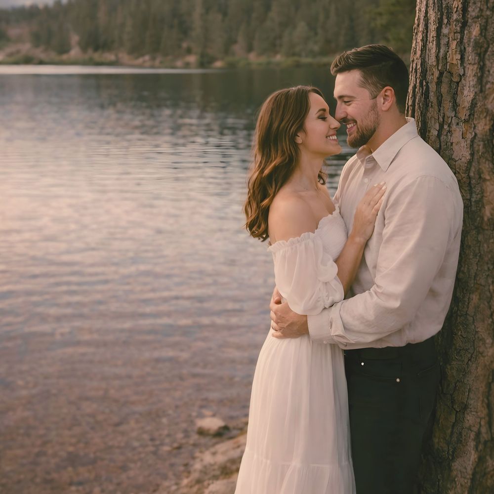couple leaning against each other against a tree near a lake