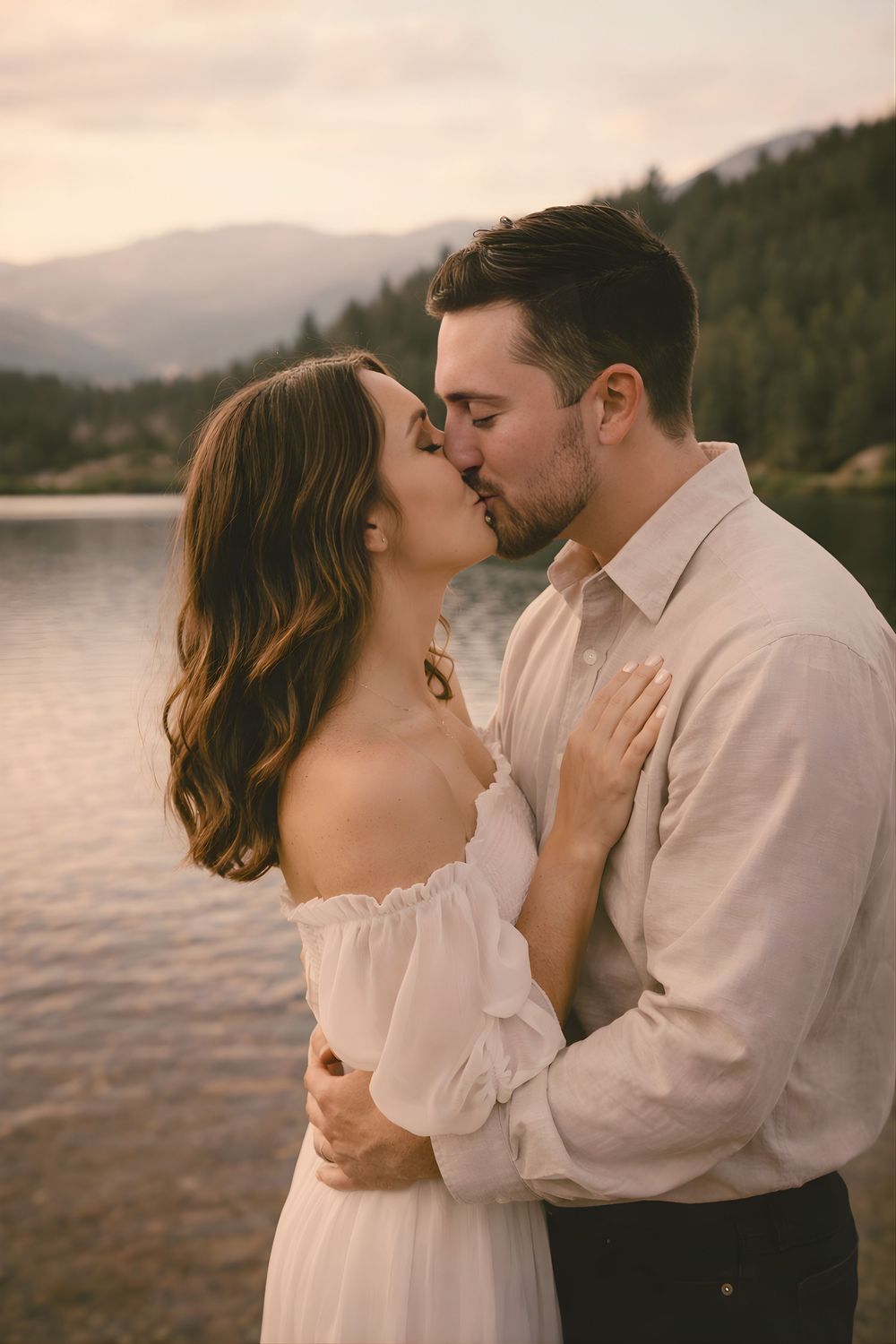 intimate moment of couple near a lake