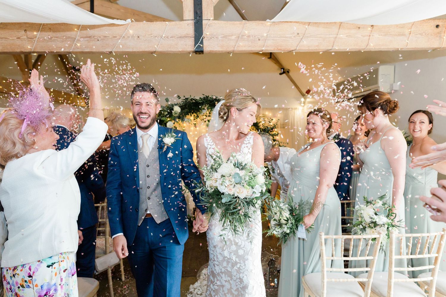 A wedding reception montage shows couples dancing and celebrating in an elegant indoor venue with warm lighting.