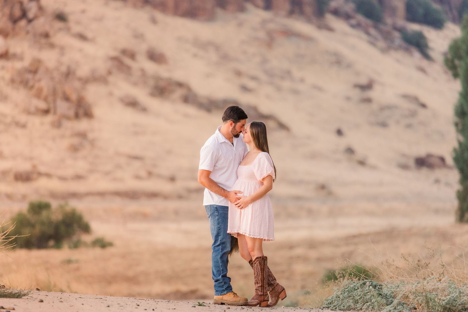 A romantic couple embraces in a scenic desert landscape with rolling hills and dry brush in the background.