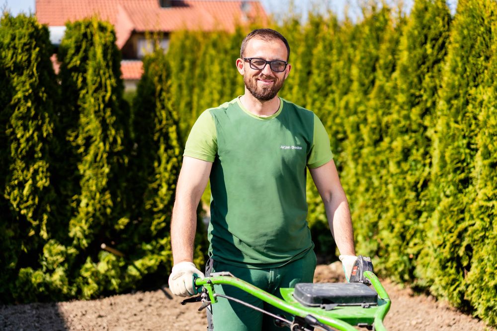 Gardener in work uniform maintaining landscaping around residential property with hedges and greenery.