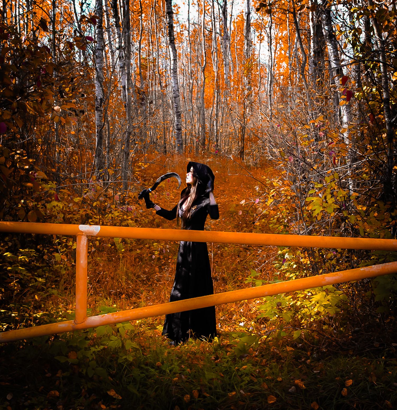 Person in dark clothing poses among autumn trees with golden foliage along a wooden railing at sunset.