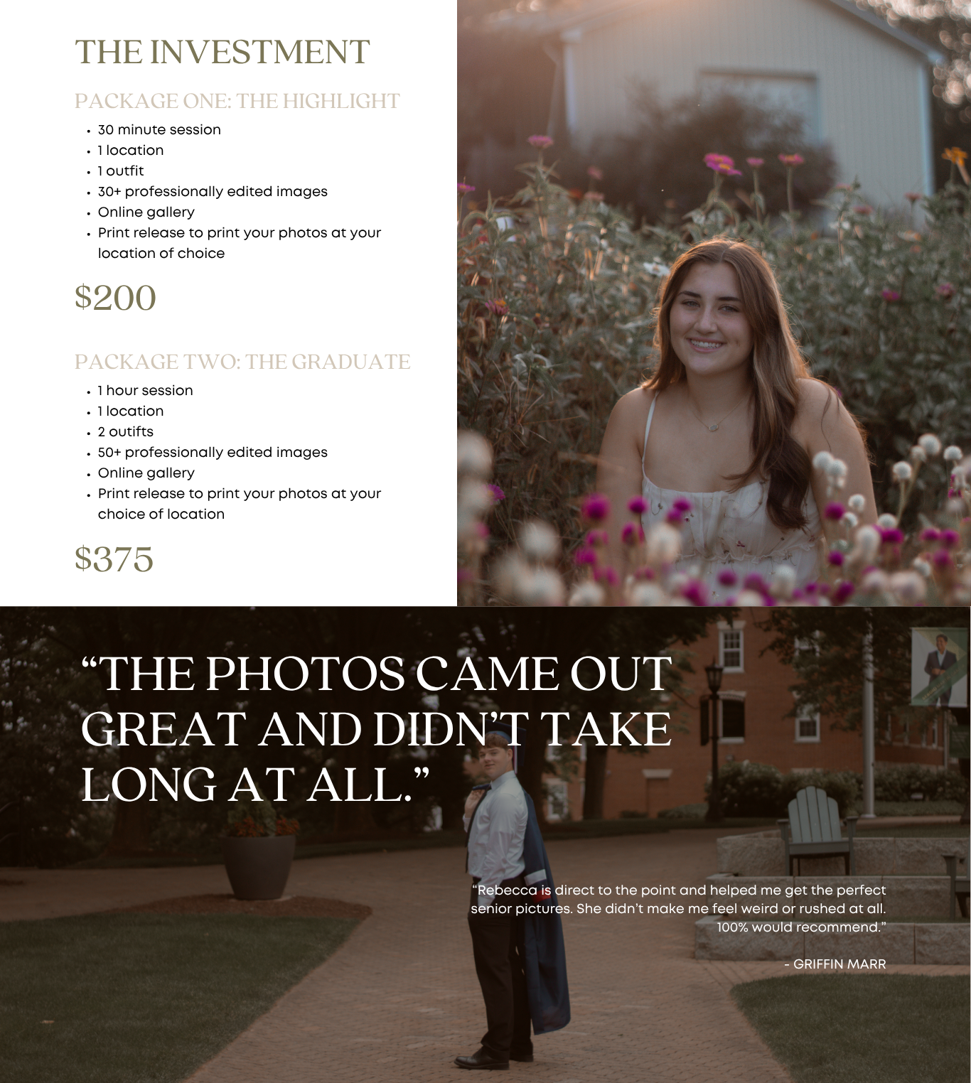 Professional photography pricing guide template showing service packages and client testimonials on a clean white background.