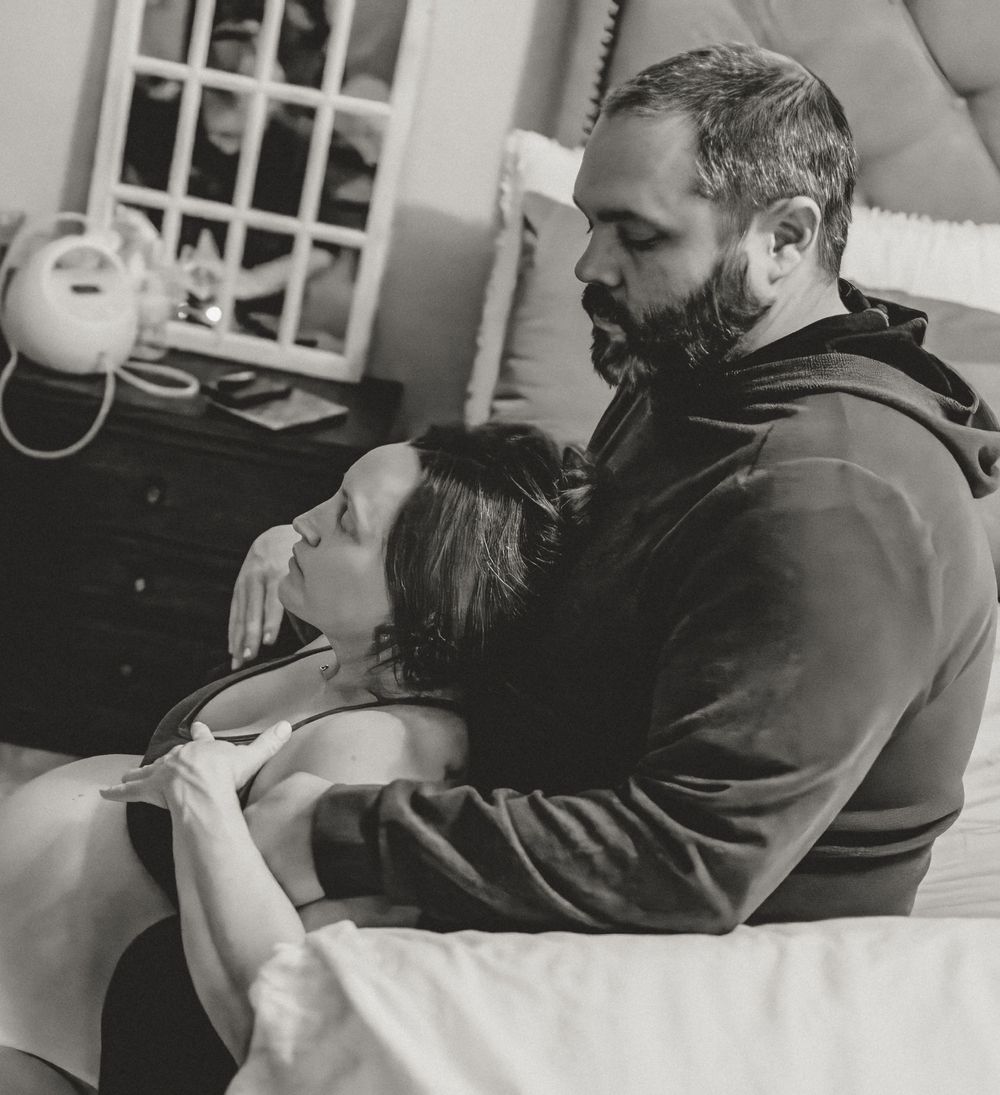 Black and white photo series showing tender moments between a couple sharing affectionate embraces.