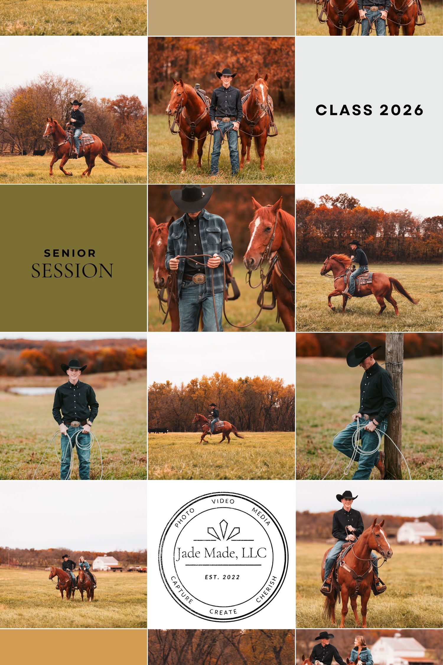 A collage of rustic outdoor photography featuring horses, autumn landscapes, and western-themed scenes in warm earth tones.