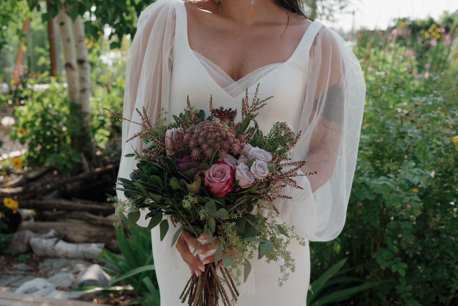 A series of romantic wedding photos showing a bridal bouquet with pink and purple flowers in a lush garden setting.