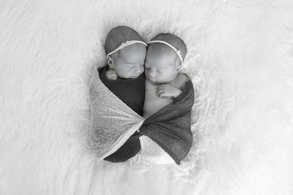 twin away girls wrapped together, Gold Coast twin newborn photographer