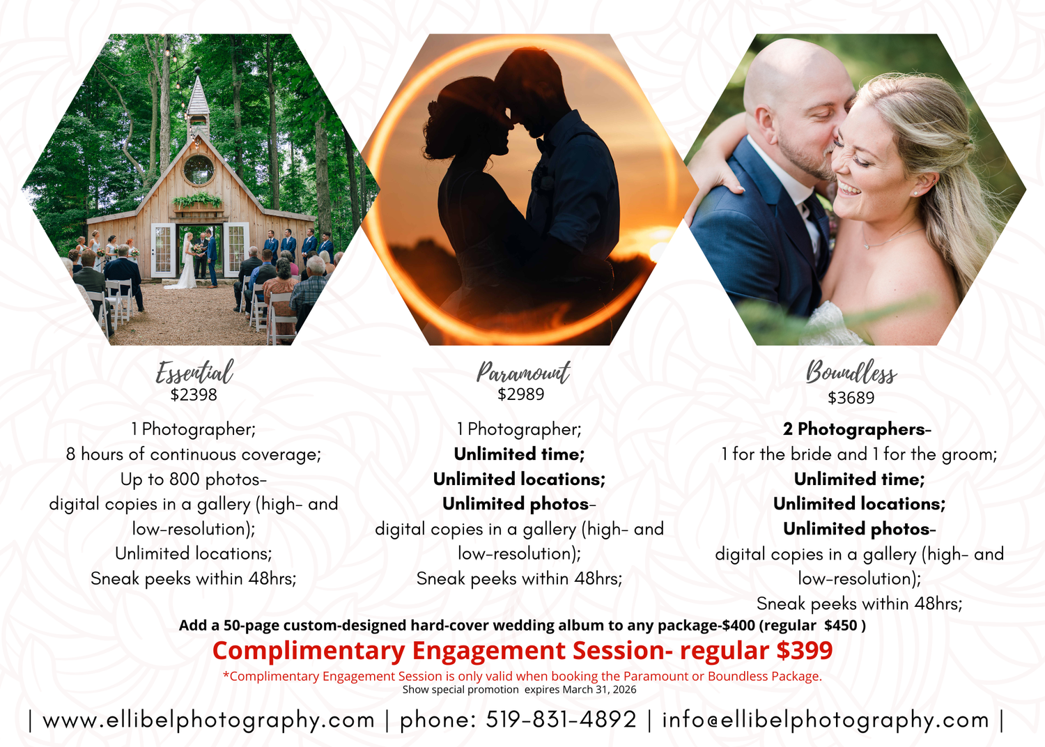 Wedding photography packages promotional flyer featuring couple portraits and pricing tiers from $2398 to $3685.