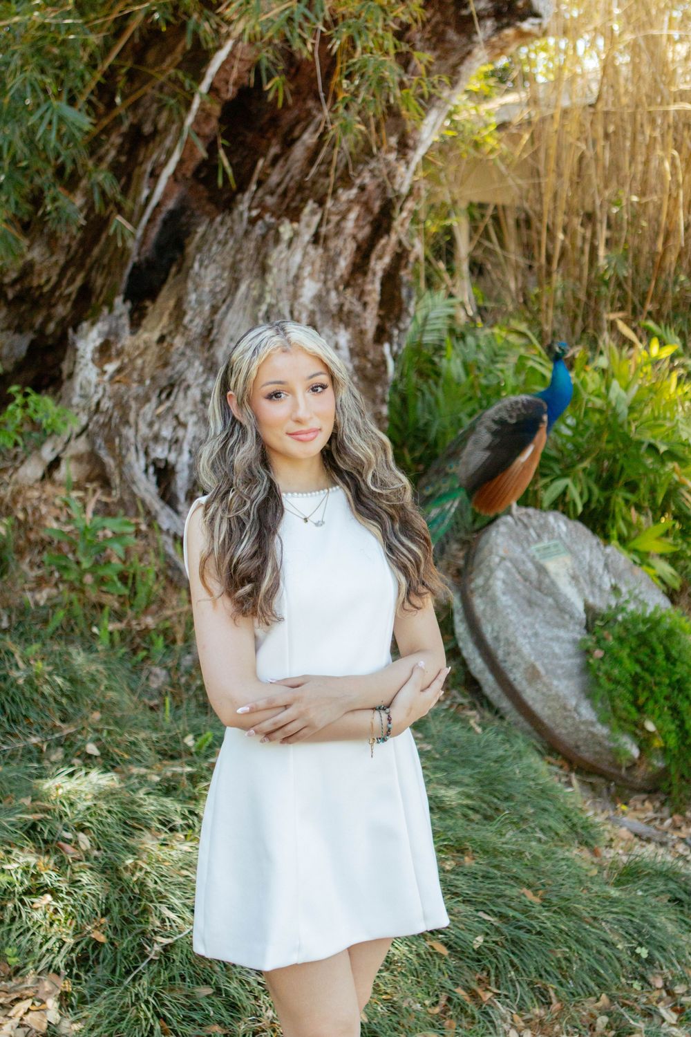 Young woman in white dress poses with arms crossed before a large tree and colorful peacock in a lush garden.