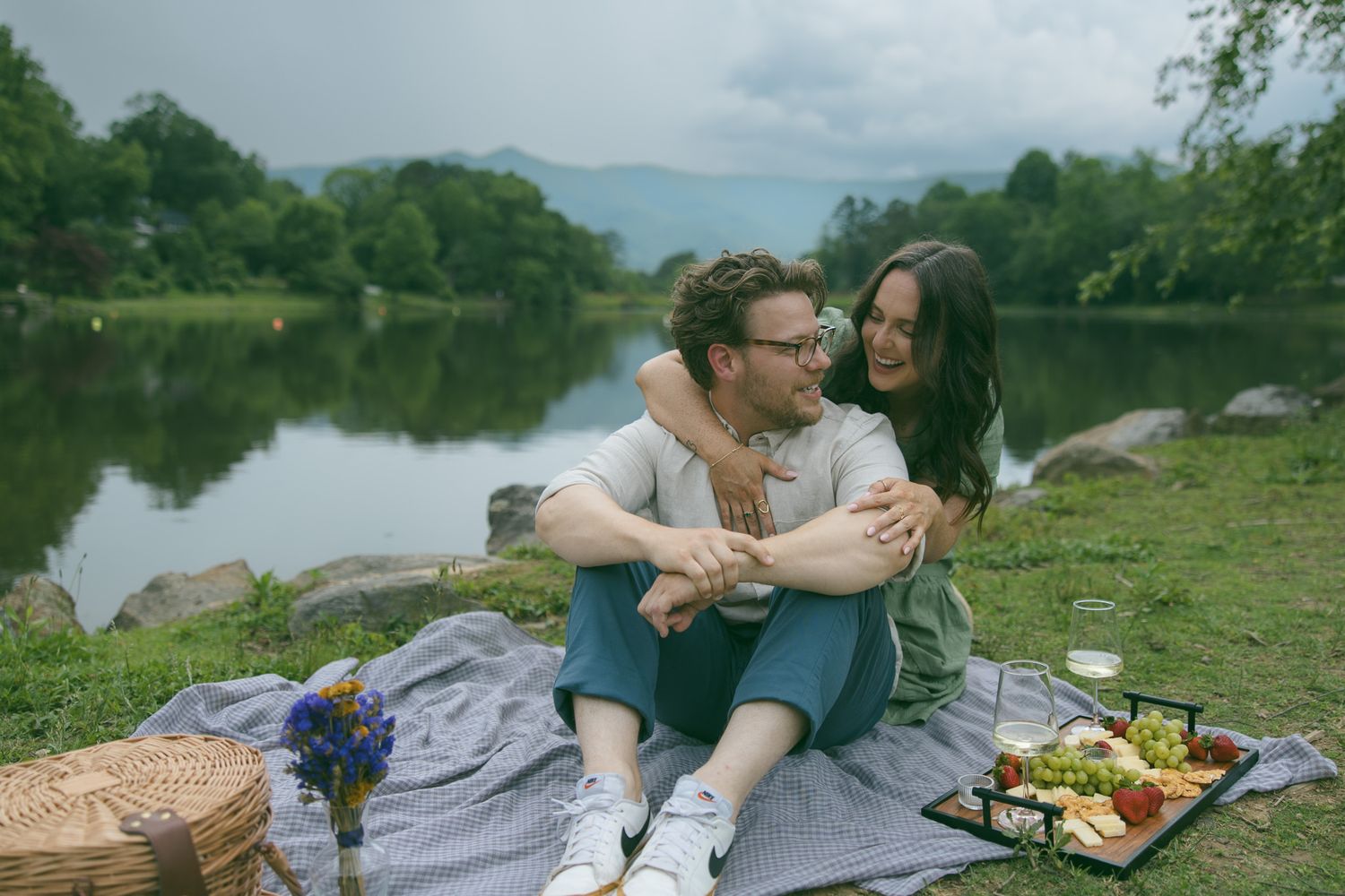 couple engagement proposal black mountain lake with picnic photoshoot NC