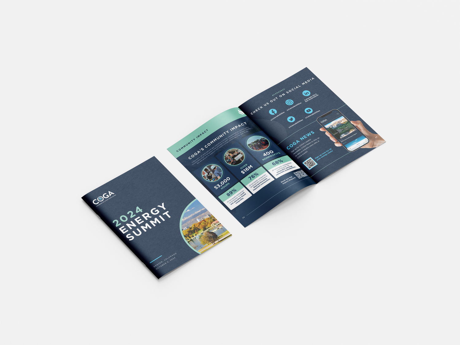 Professional brochure mockups showing blue corporate design layouts.