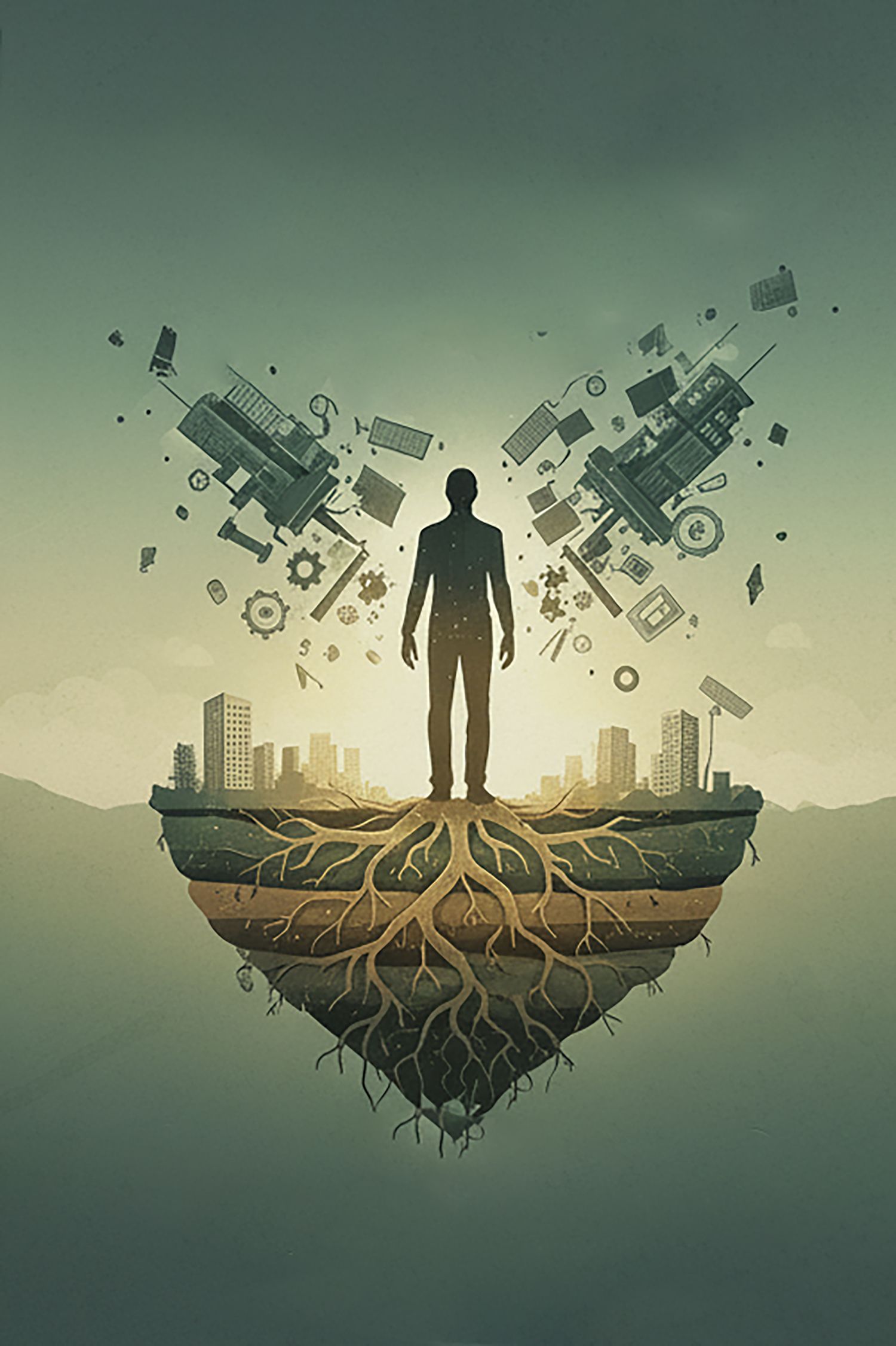 A silhouette stands on floating ground with roots while technology and city elements float above in a surreal scene.