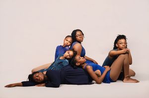 A sequence of dance poses showing graceful movements and stretches in blue athletic wear against a light background.