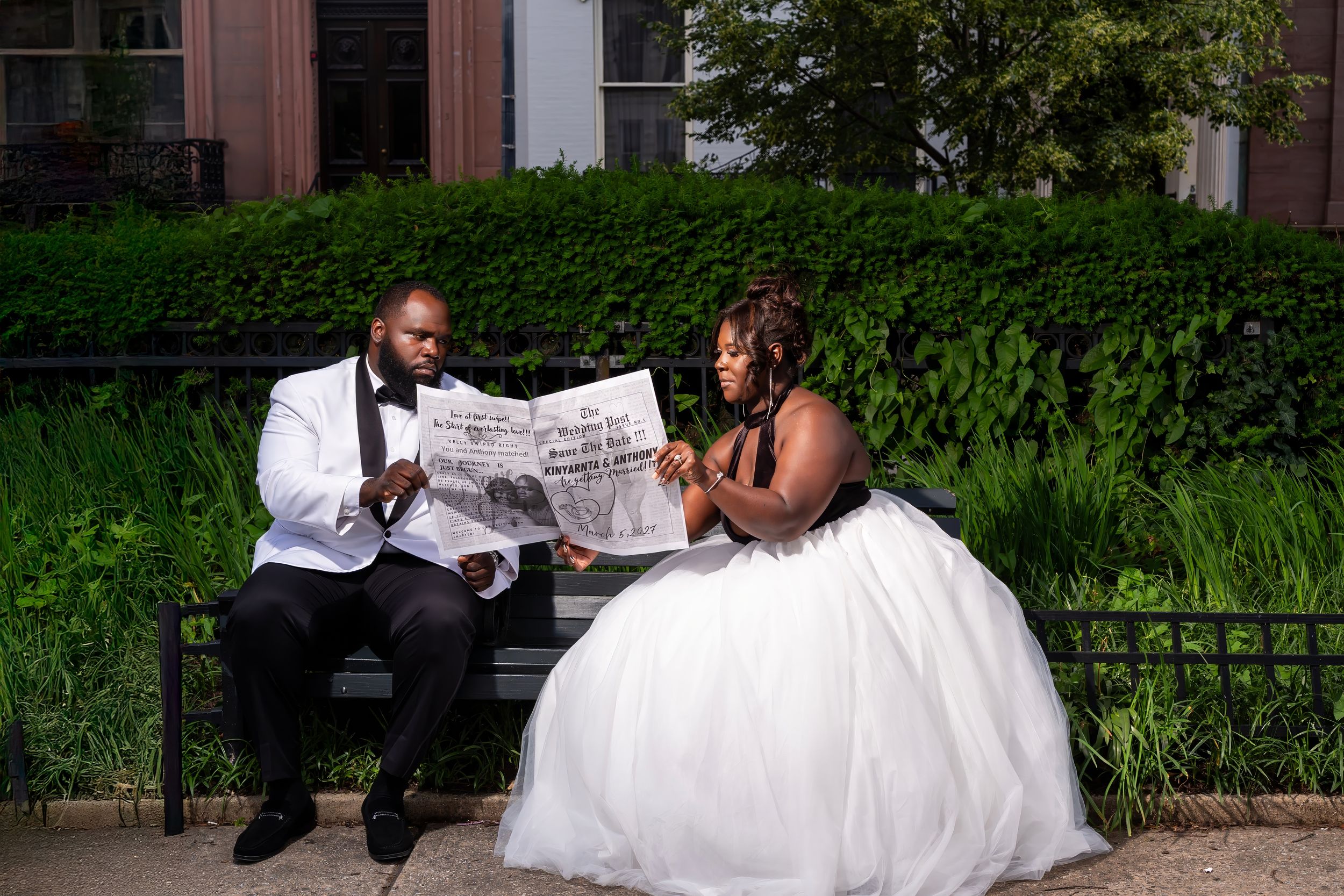 A series of six photos showing a couple in wedding attire reading newspapers together on a park bench.
