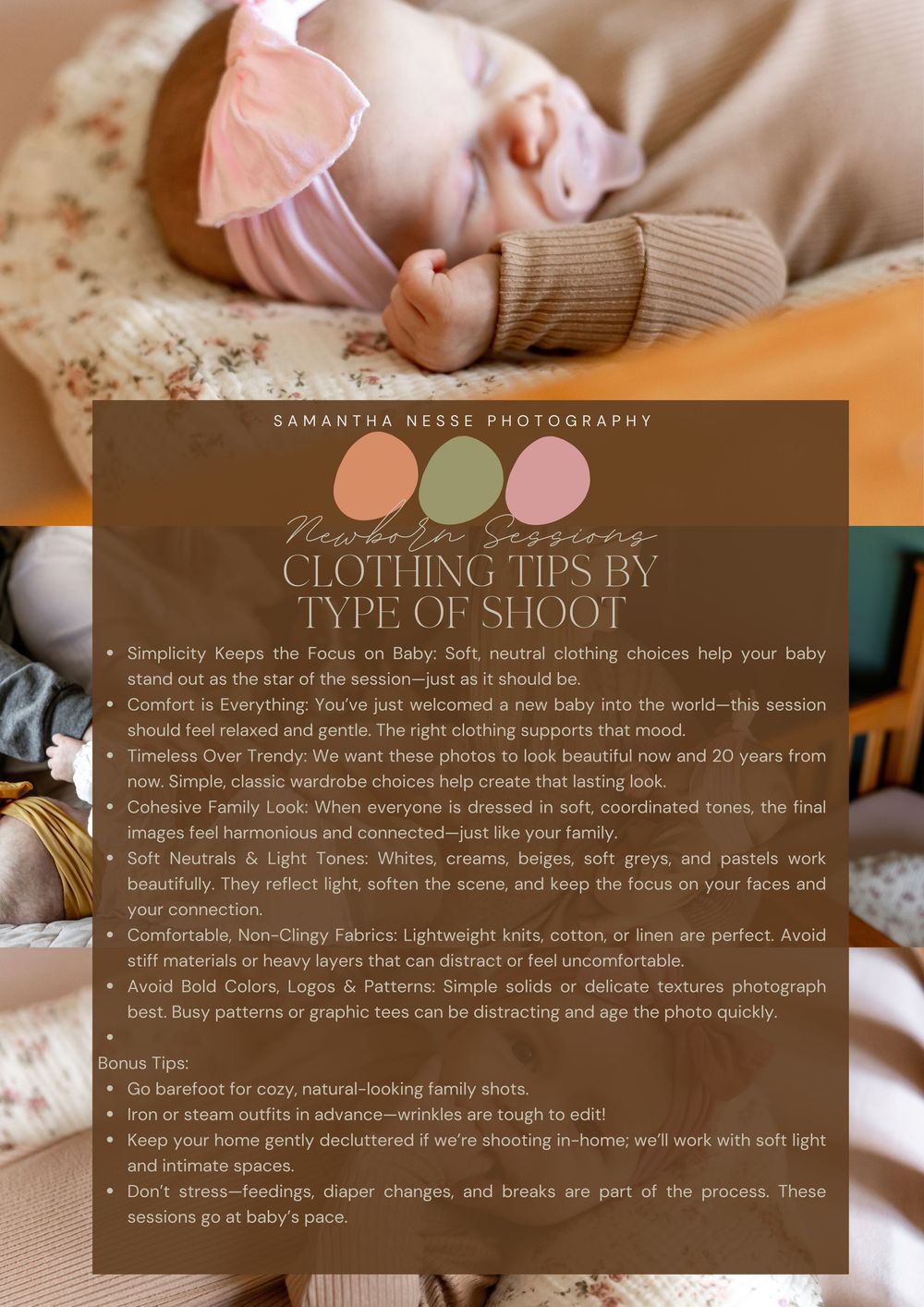 Newborn session clothing tips infographic with soft neutral tones and comfort-focused outfit suggestions.
