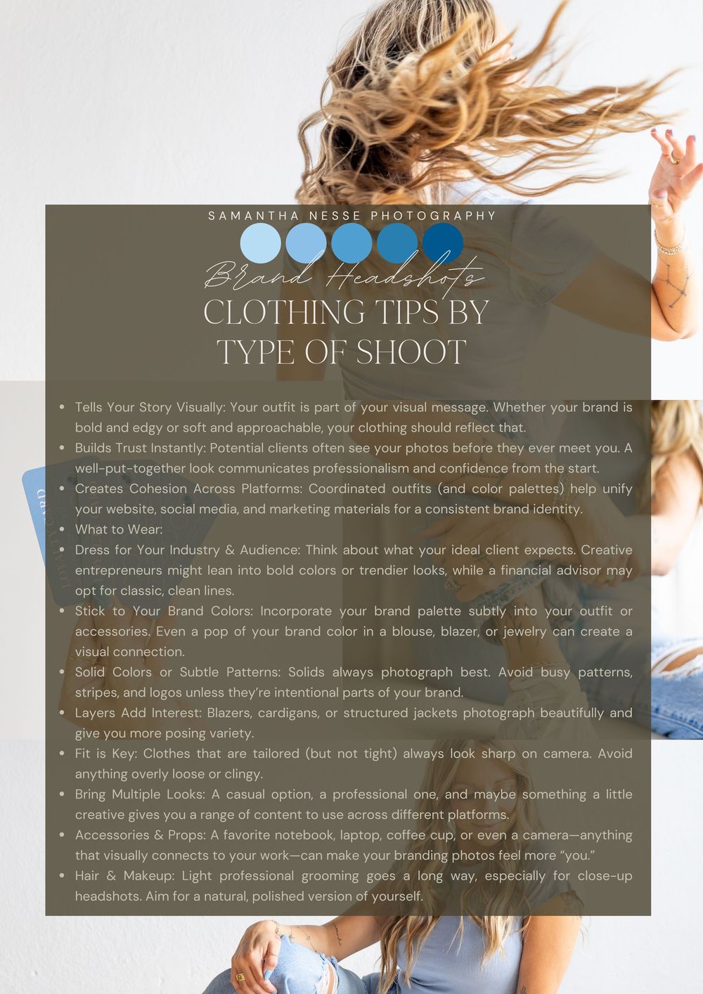 Brand headshot clothing tips guide emphasizing industry-appropriate outfits and cohesive color palettes.
