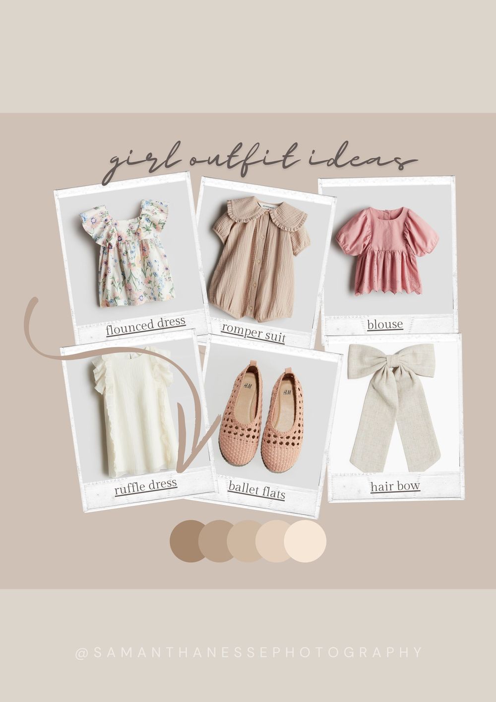 Girl outfit ideas mood board featuring floral dress, romper, blouse, and ballet flats in neutral tones.