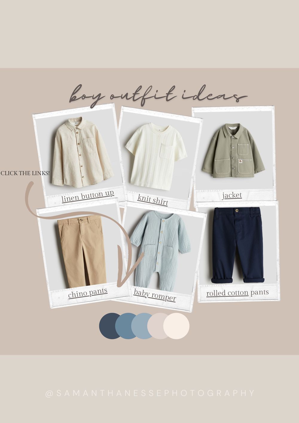 Boy outfit ideas mood board featuring linen button up, knit shirt, green jacket, chino pants, baby romper, and navy pants.