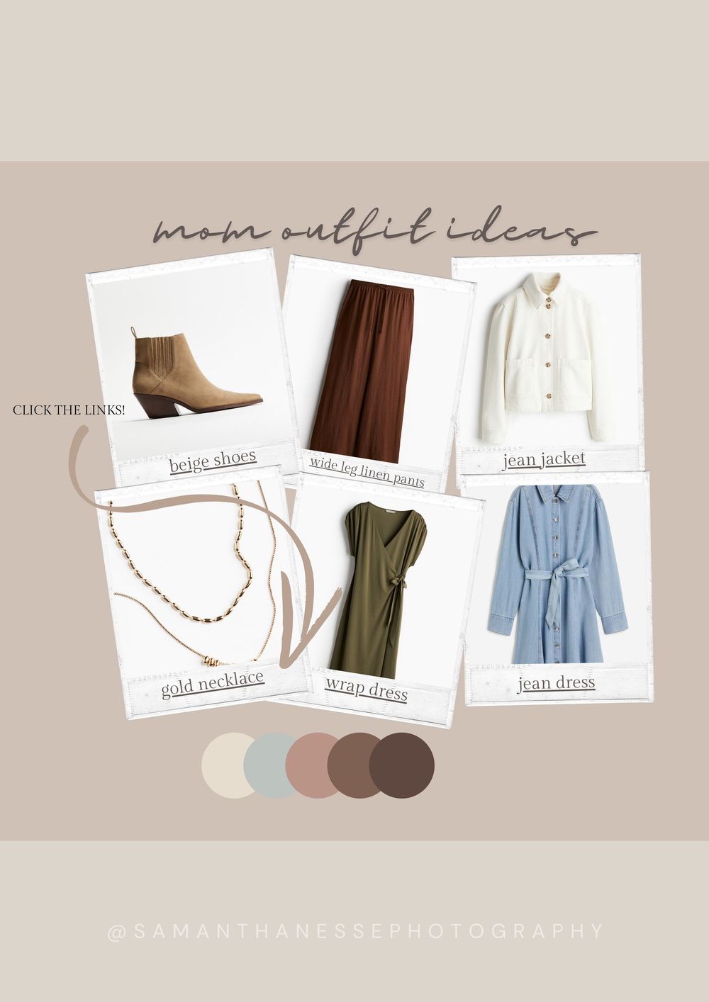 Mom outfit ideas mood board featuring beige boots, wide leg pants, jean jacket, gold necklace, wrap dress, and blue jean dress.