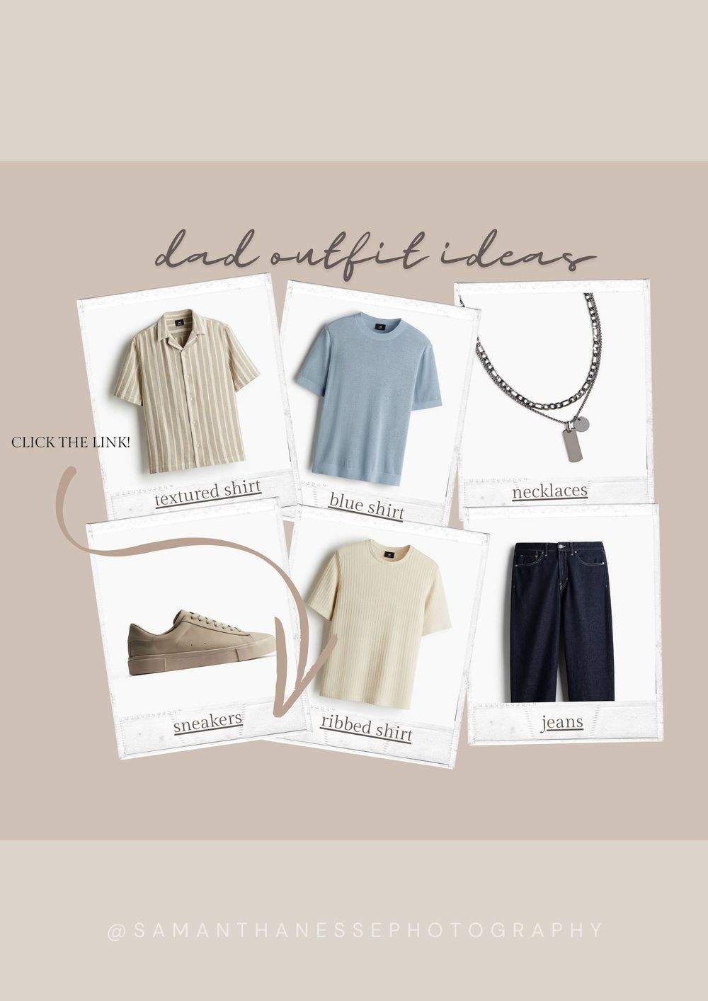 Dad outfit ideas mood board featuring textured shirt, blue shirt, necklace, sneakers, ribbed shirt, and navy jeans.