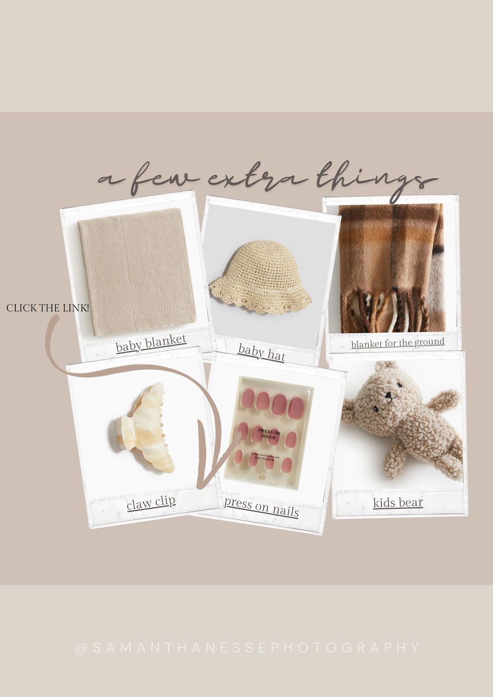 Extra accessories mood board featuring baby blanket, crochet hat, plaid blanket, claw clip, press on nails, and kids teddy bear.
