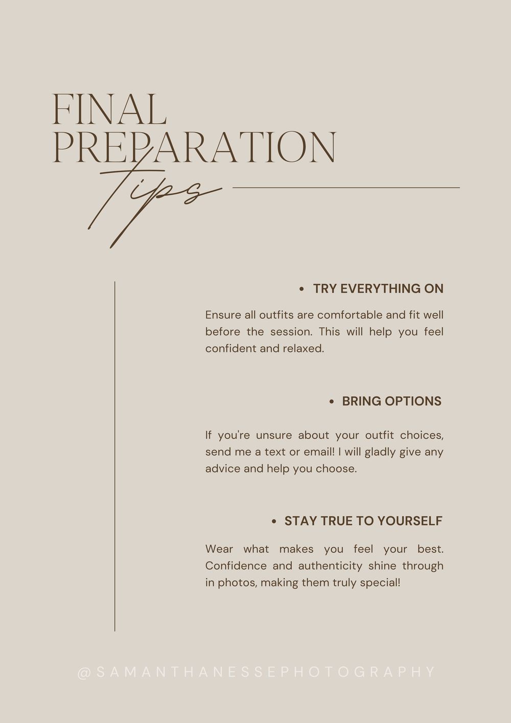 Final preparation tips card with advice to try everything on, bring options, and stay true to yourself for a photo session.
