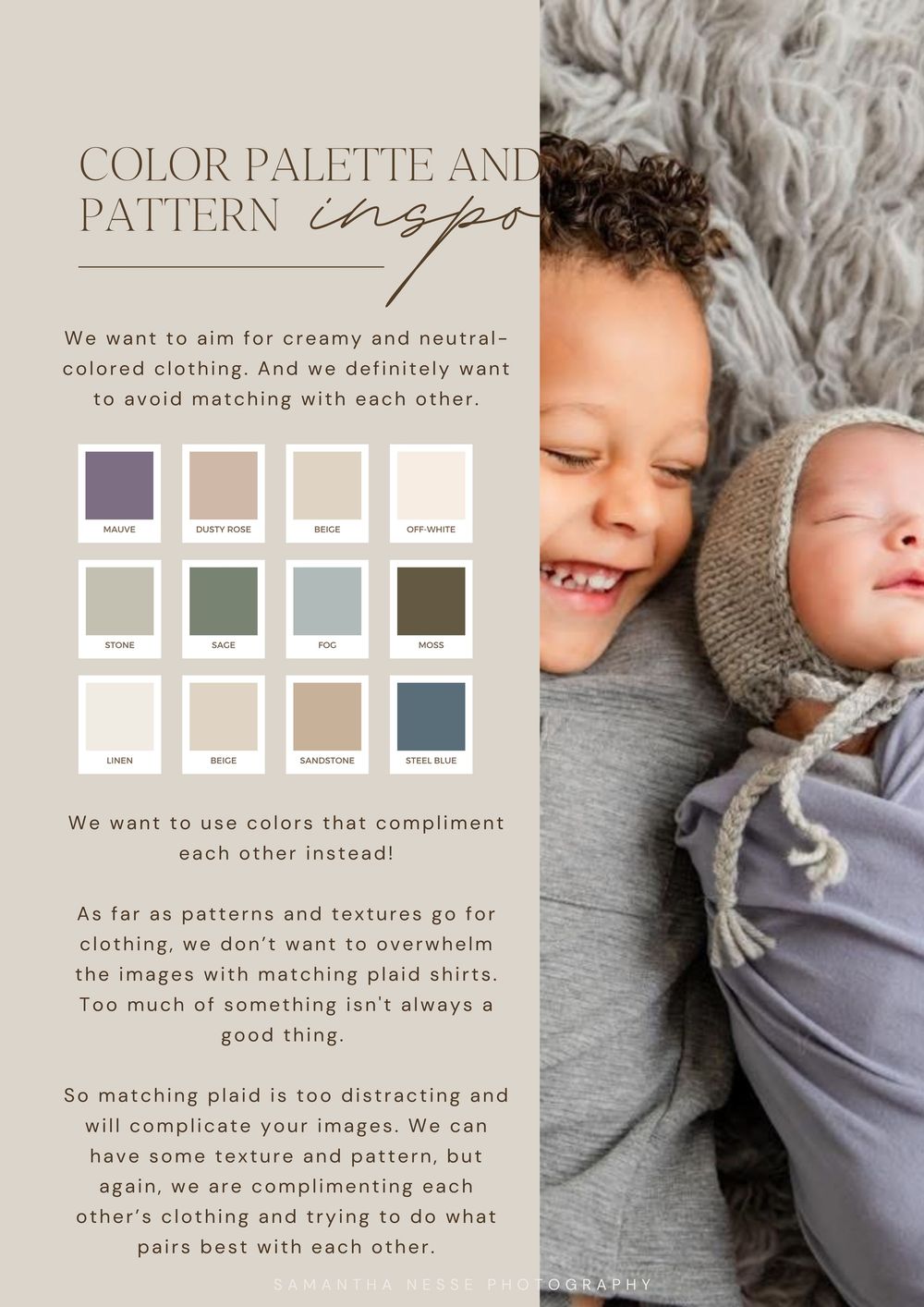 Color palette and pattern inspiration guide for family photography sessions with neutral clothing swatches.
