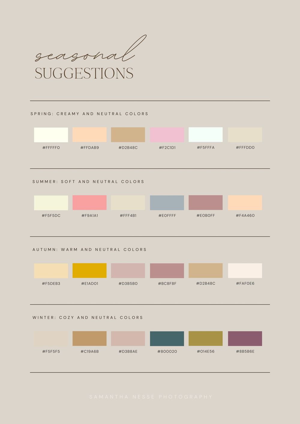Seasonal color palette suggestions for photography sessions showing spring, summer, autumn, and winter swatches.