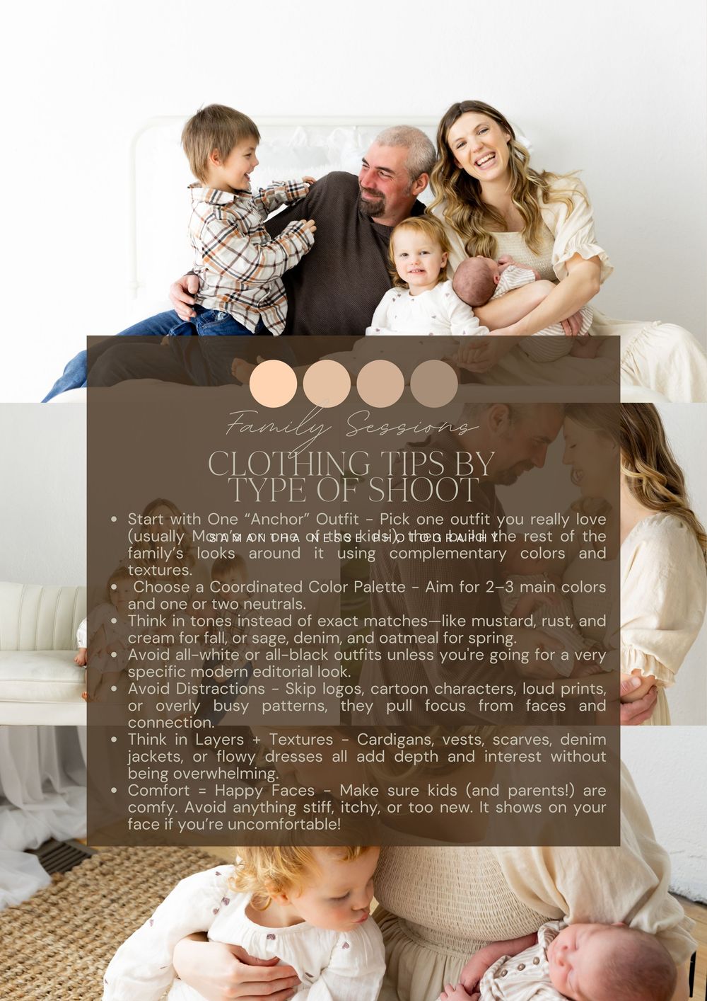 Family session clothing tips infographic with warm neutral color palette and outfit layering suggestions.