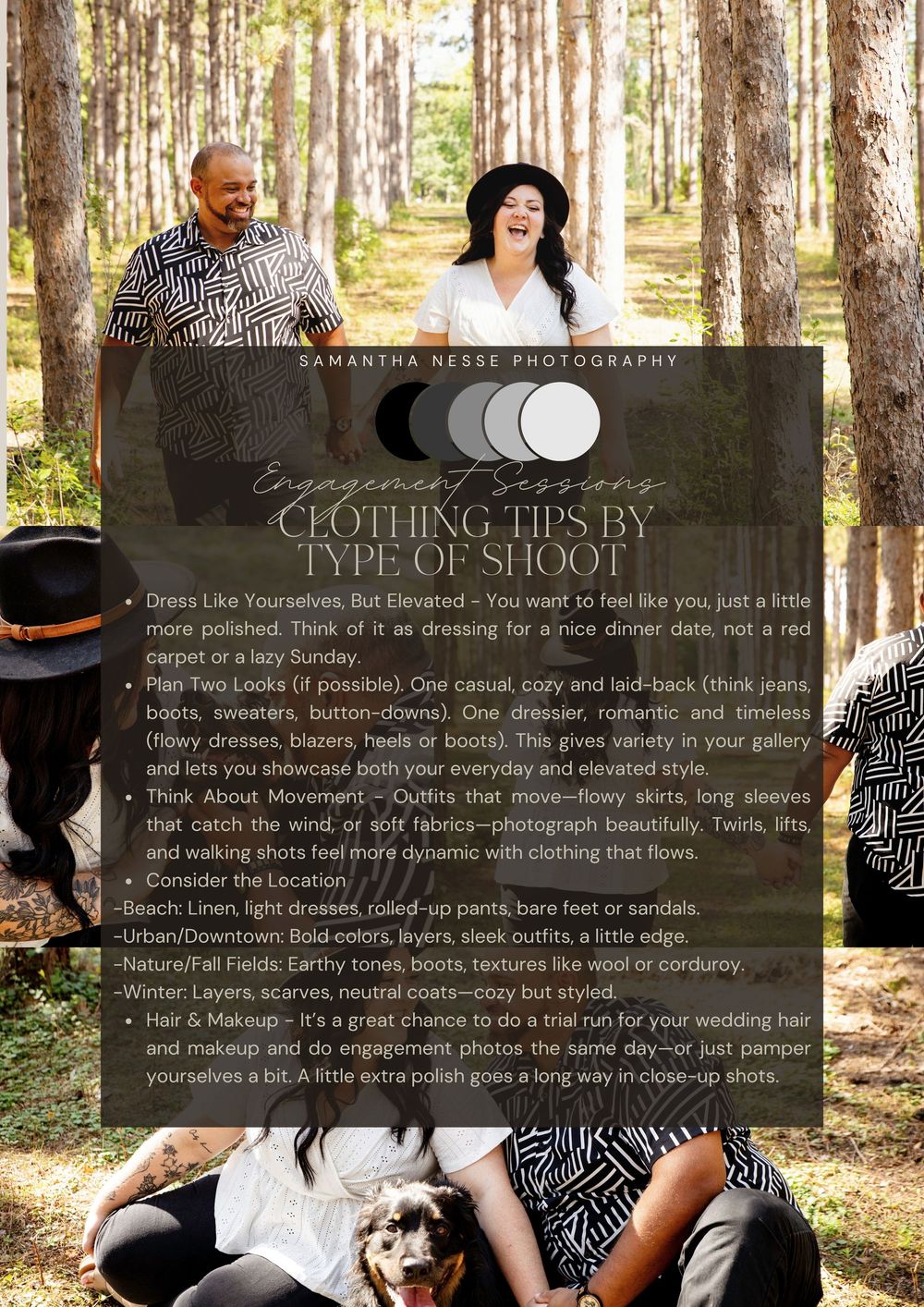 Engagement session clothing tips guide with advice on elevated casual outfits and movement-friendly styles.