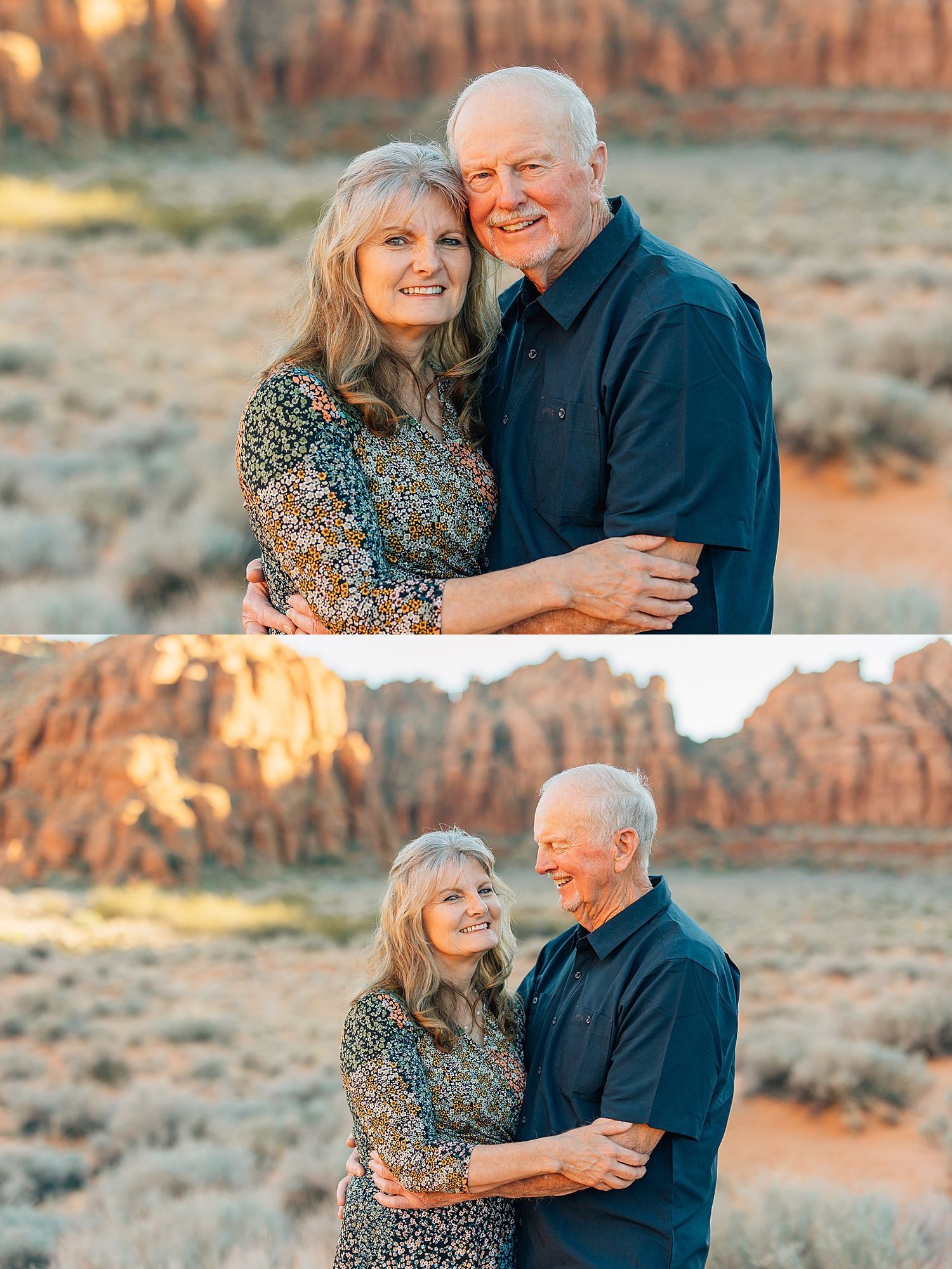 A couple shares tender moments together in front of scenic red rock formations during golden hour sunset.