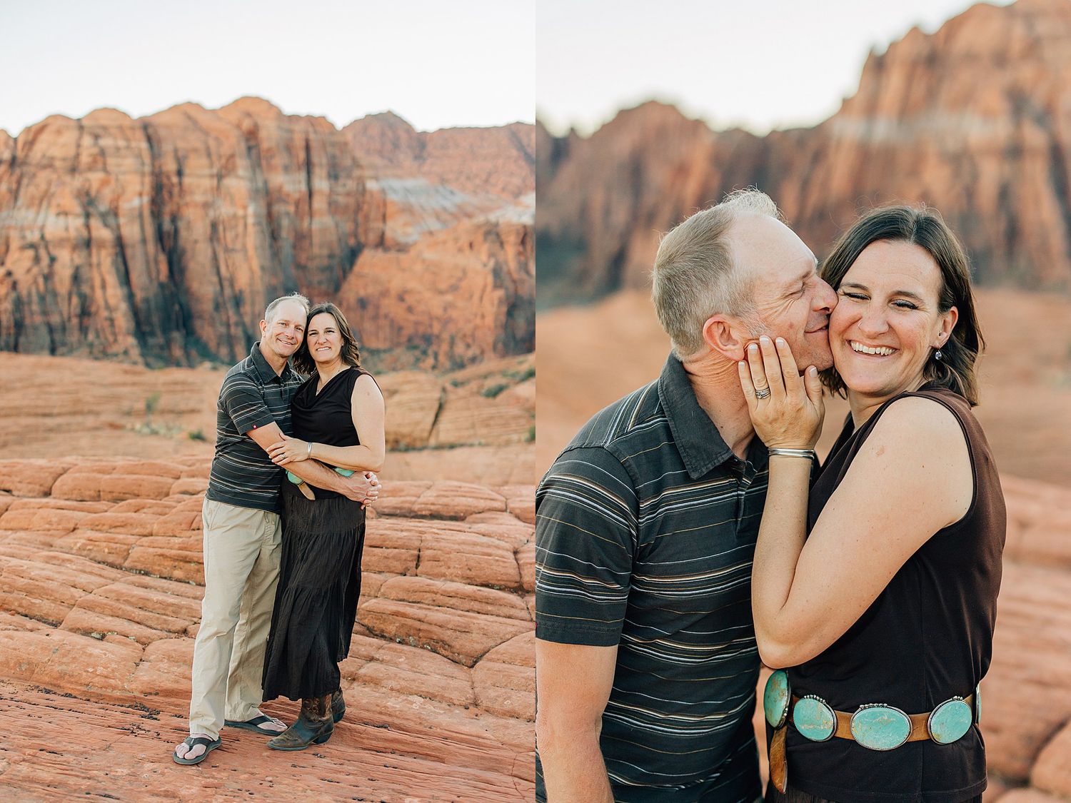 Candid moments of family embracing against stunning red rock cliffs in desert setting.