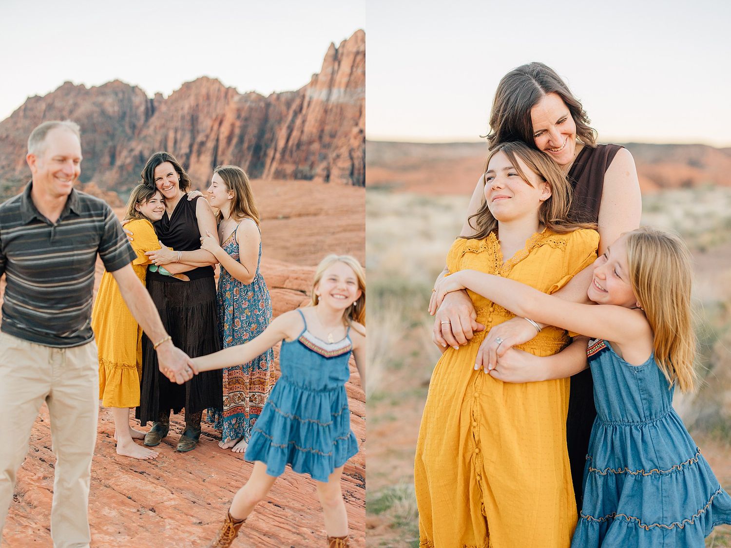 Family photo session in a scenic desert landscape with red rock formations during golden hour.