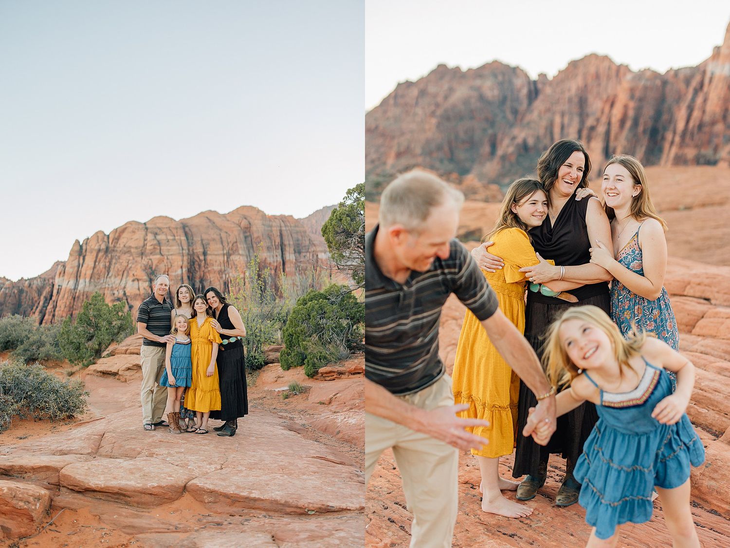 Group poses together against stunning red rock formations in Arches National Park during golden hour.
