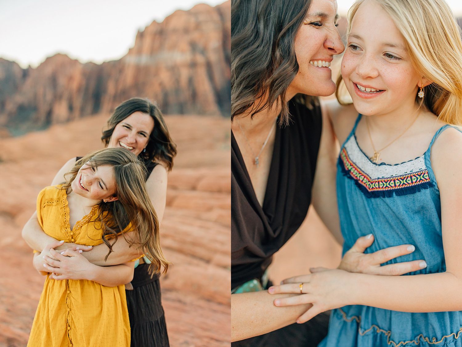 A couple shares intimate moments during a desert photoshoot with red rock formations in the background.