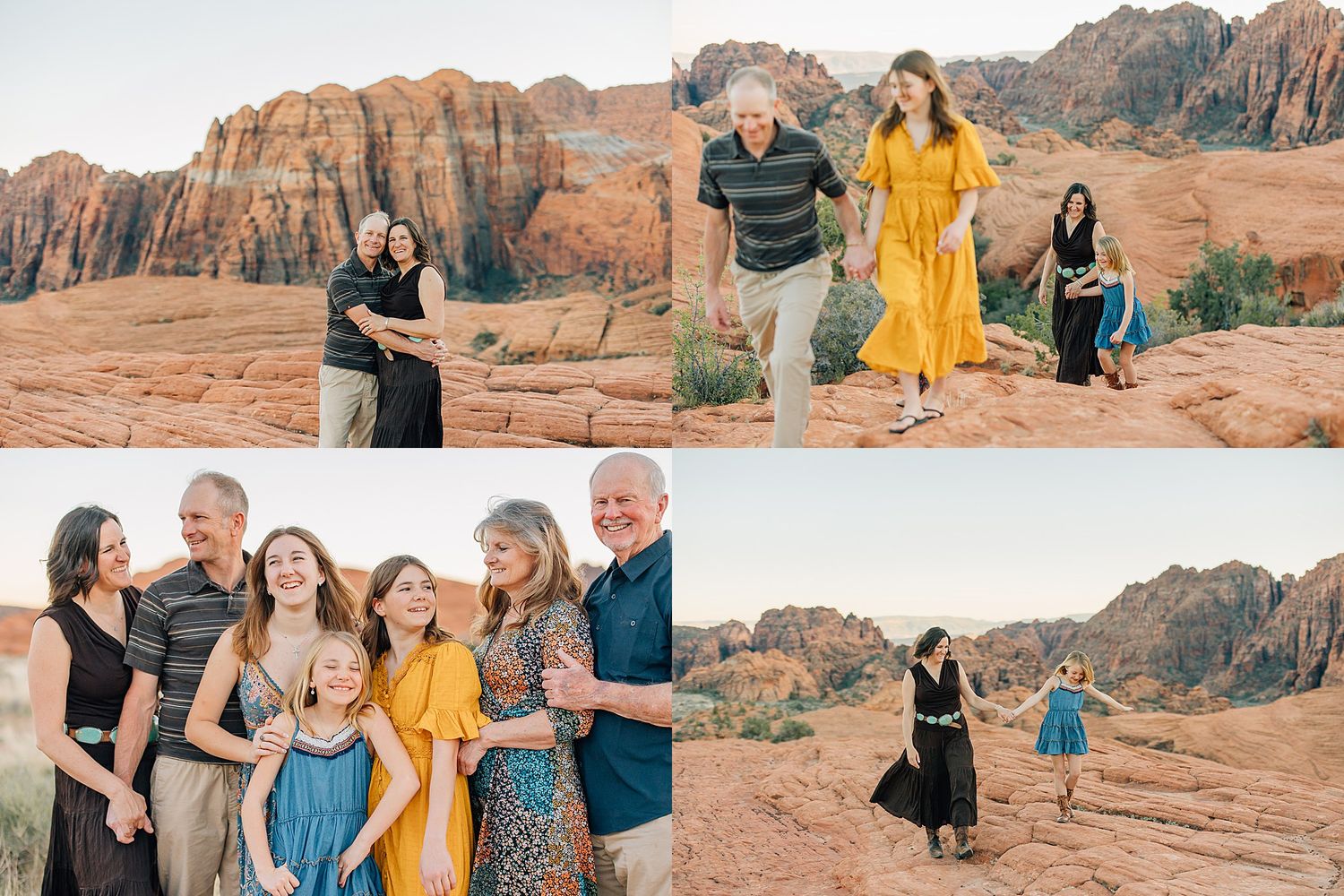 People gather on red sandstone rocks surrounded by desert terrain at sunset.