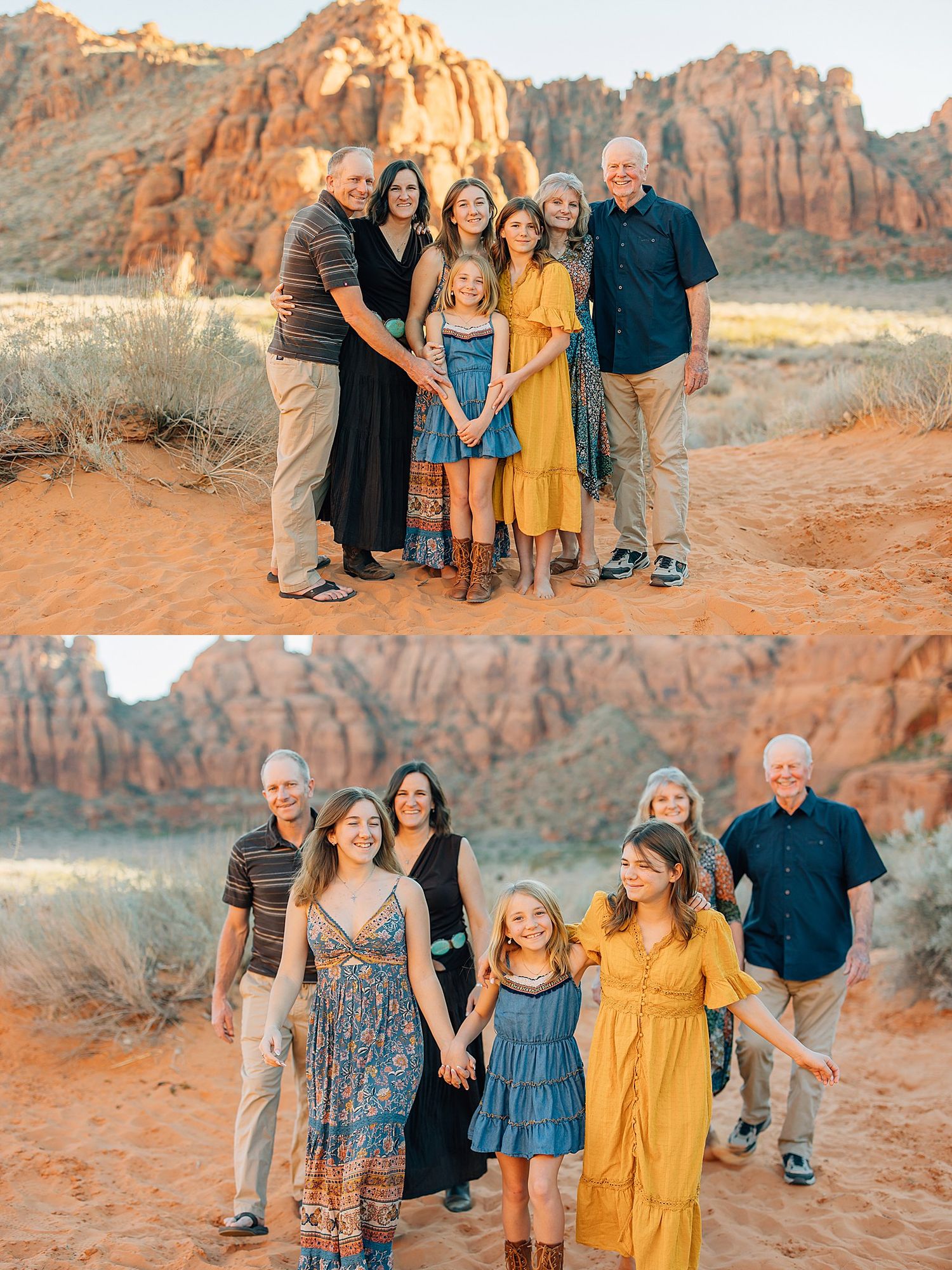 A group poses together against stunning red rock formations in Valley of Fire State Park during golden hour.