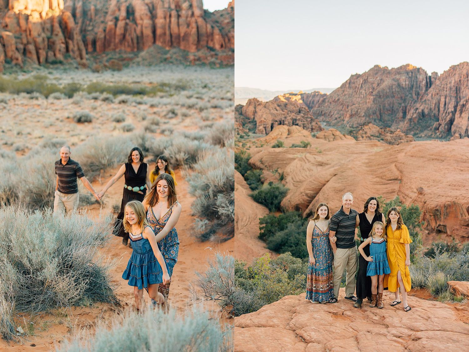 Group photos of families posing together among red sandstone cliffs and desert vegetation.
