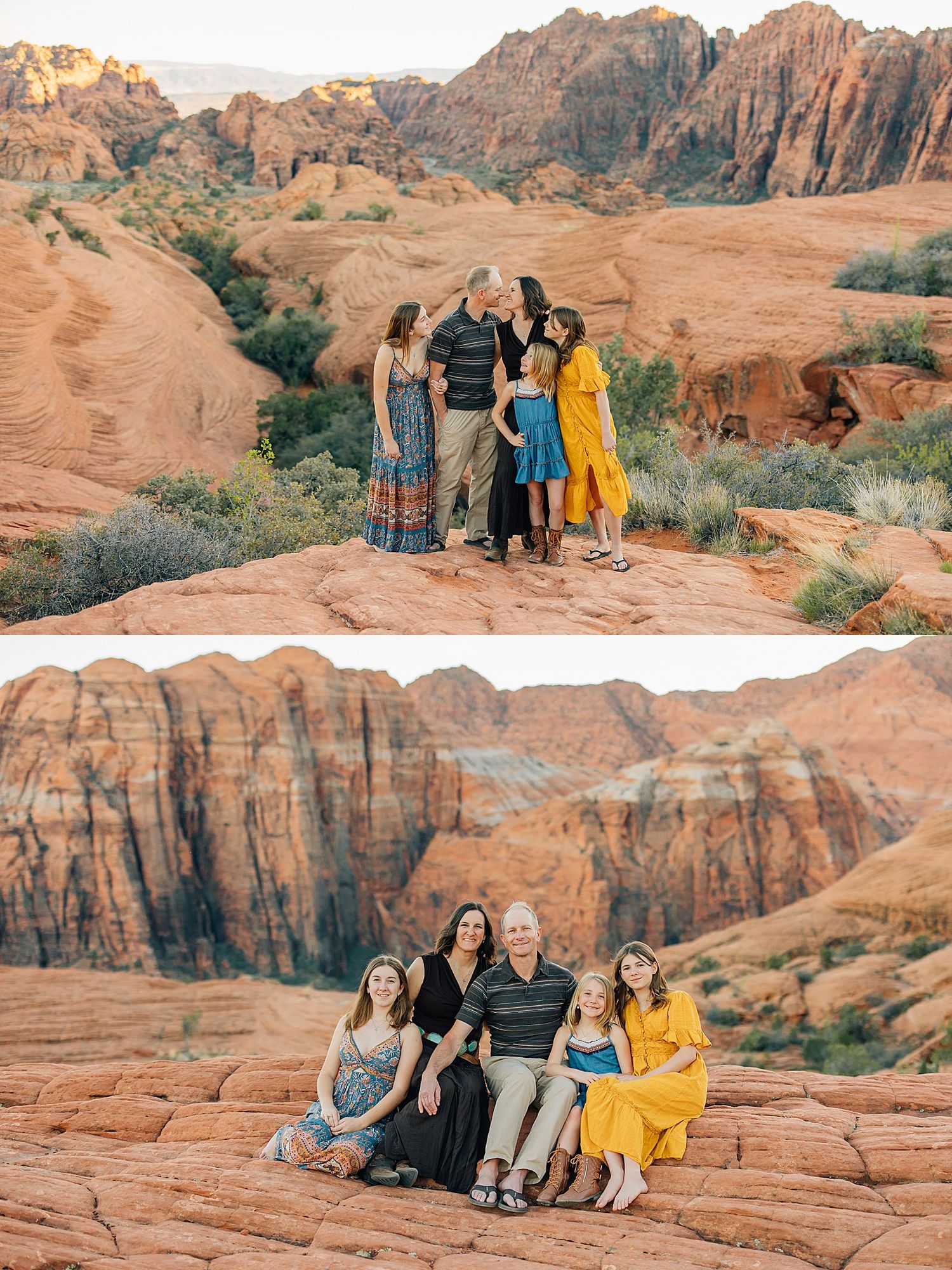 Family portrait session on red rock formations at sunset in a desert landscape.