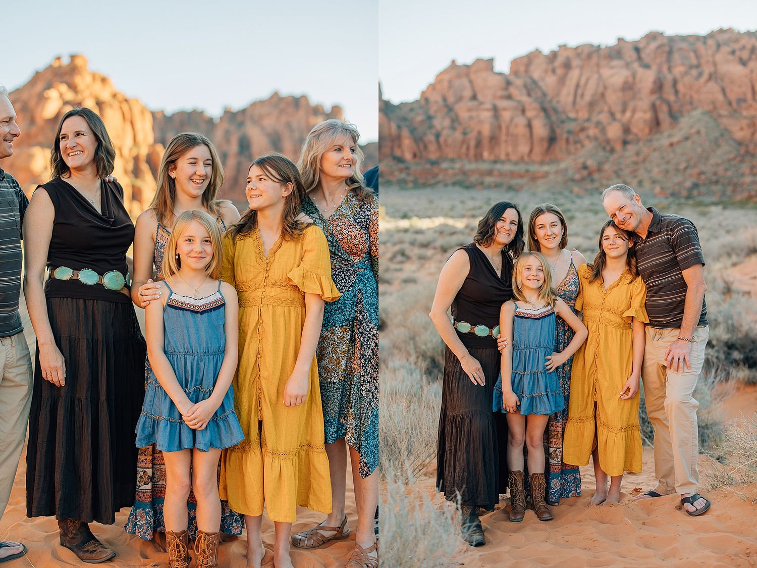 A group in coordinating black, blue and yellow dresses poses together against stunning red rock formations at sunset.